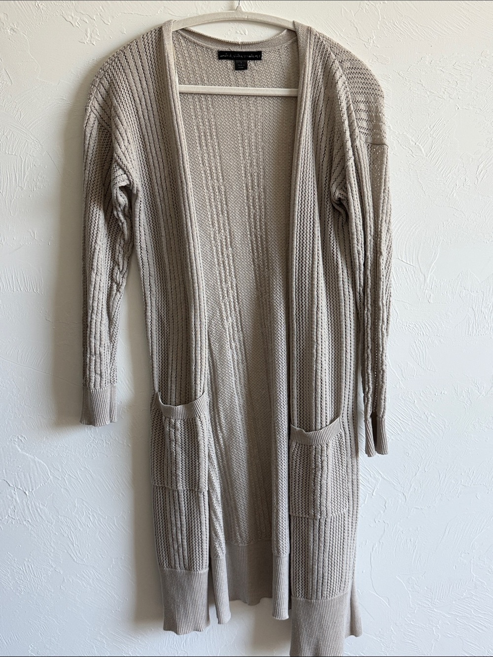 united states sweaters Long Open-Front Cardigan - Cream/Taupe - Picture 3 of 6